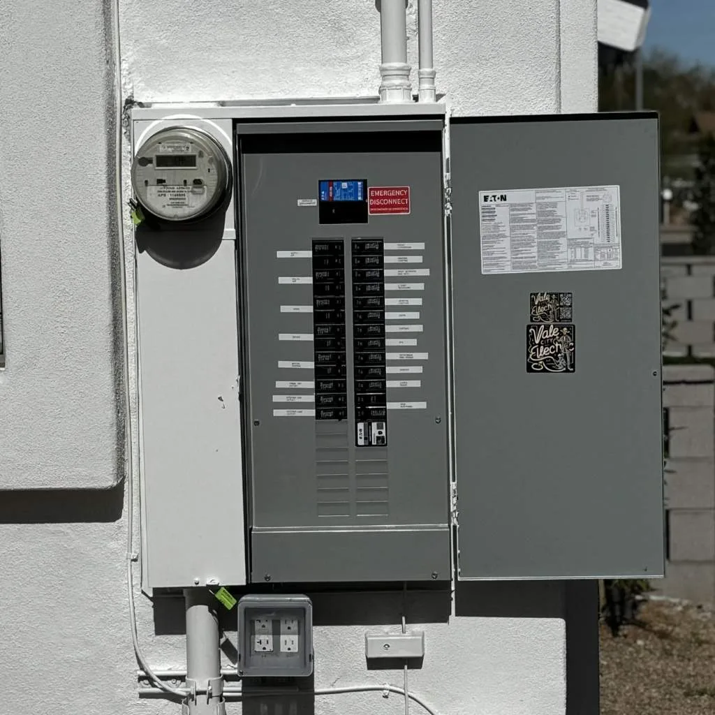 Completed 200 amp electrical panel upgrade with clean circuit labeling and organized breaker layout for a luxury home in Scottsdale Arizona by Vale City Electric.